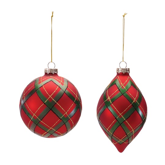 Melrose Red & Green Plaid Glass Ornament Set